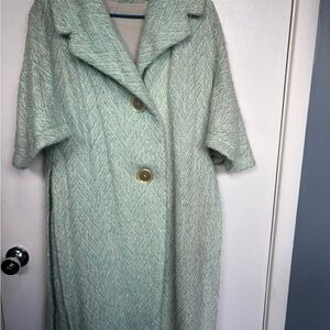 Light Mint Tweed Oversized Coat with Gold Buttons